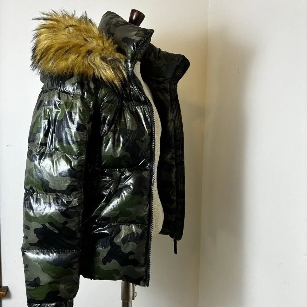Sam’s S13 Women's Down Puffer Jacket with Faux Fur Trimmed Removable Hood Camo M